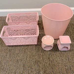 Two Baskets, Two Candle Holders, and trash can